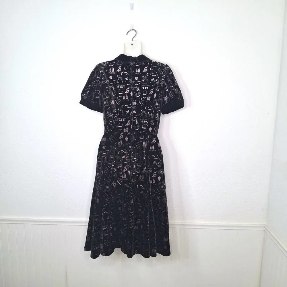 Collectif London Halloween Skater Dress Midi Sz S Velvet Novelty Print Pockets - Picture 8 of 16